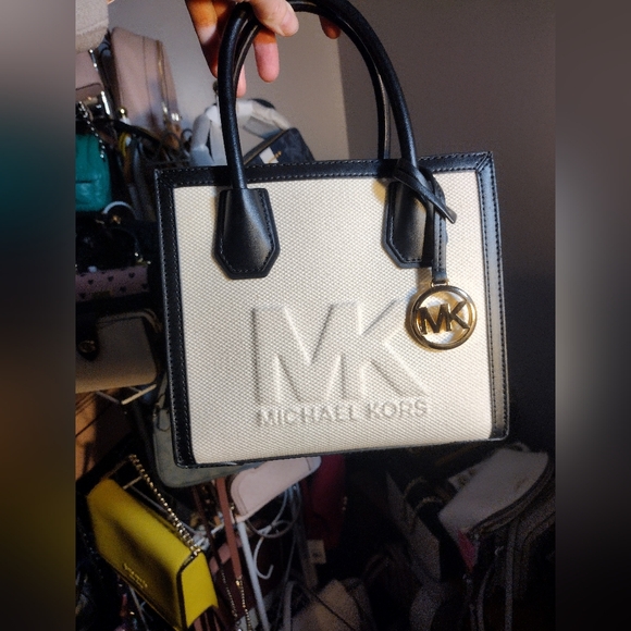 Michael Kors Handbags - Michael Kors Mercer Medium Logo Embossed Cotton Canvas Crossbody Bag